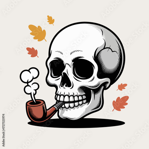 Captures a skull elegantly smoking a pipe amidst falling leaves. Perfect for halloween, gothic themes, or autumnrelated projects.