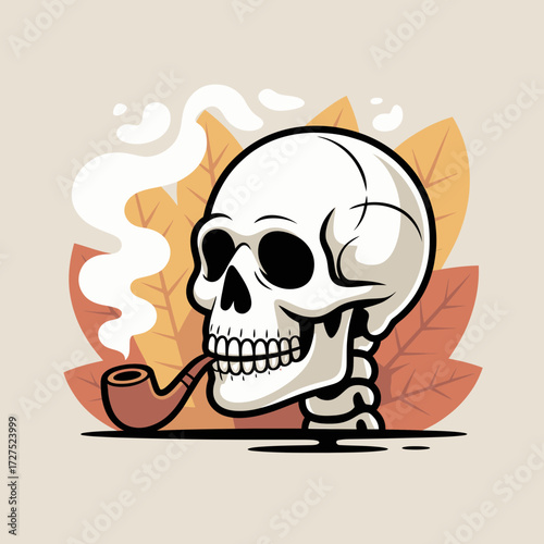 Skull exhales smoke from pipe against leafy background. Suitable for halloween, horror, smoking cessation, or tattoo designs. Unique and impactful graphic.