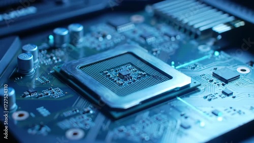 Close up cpu processor on motherboard with blue light