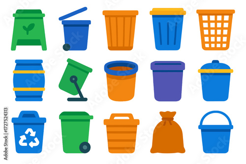 Colorful Bin Varieties. Bin icons in modern flat vector : compost bin, open bin, wooden bin, plastic bin, mesh bin, barrel bin, tumbler bin, round bin