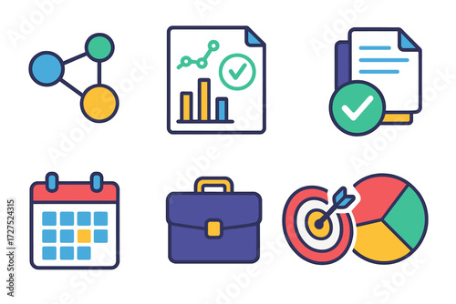Vibrant Business Icons. Business insights in modern flat vector : affinity graph, report chart, approval stamp, document stack, calendar, briefcase,