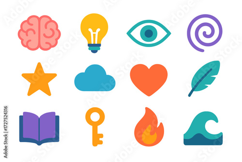 Vibrant Mind Icons. Mind icon in modern flat vector : brain, light bulb, eye, spiral, star, cloud, heart, feather, book, key, flame, wave. 3 rows of 4