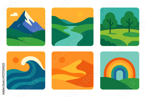 Vibrant Nature Icons. Nature freedom in modern flat vector : mountain peak, wide river, open meadow, ocean wave, desert dune, forest clearing, starry
