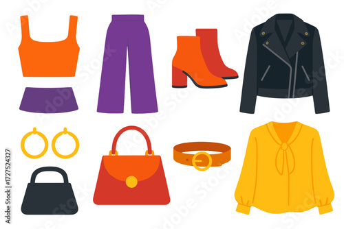 Chic Fashion Icons. Trendy look in modern flat vector : crop top, wide-leg pants, ankle boots, leather jacket, hoop earrings, chic handbag, stylish