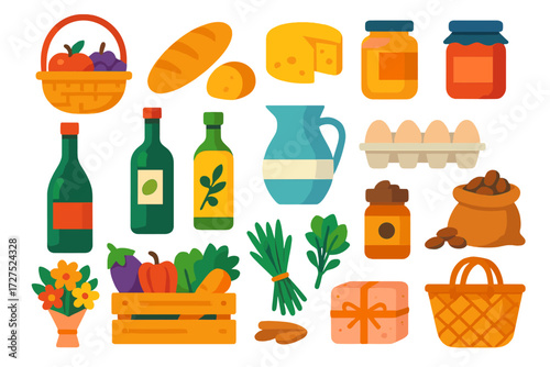 Colorful Market Essentials. Market items in modern flat vector : fruit basket, bread loaf, cheese wheel, honey jar, jam jar, wine bottle, olive oil
