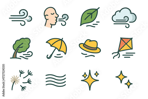 Wind Gust Icons. Basic wind gust set icons in modern isometric flat : wind swirl, blowing face, flying leaf, cloud with wind, tree bending, umbrella