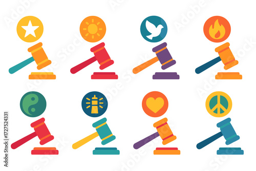 Symbolic Gavels Icons. Symbolic gavels in modern flat vector : gavel with star, gavel with sun, gavel with dove, gavel with flame, gavel with harmony
