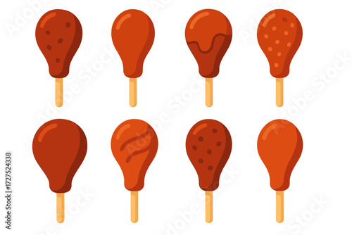 Vibrant Turkey Leg Icons. Street food in modern flat vector : turkey leg on stick, fairground turkey leg, festival turkey leg, BBQ turkey leg, glazed
