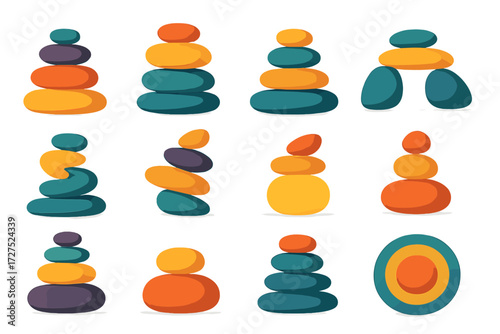 Vibrant Stone Balancing. Balance stones in modern flat vector : stacked pebbles, three stone pile, four stone pile, flat stone stack, rounded stones,