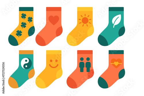 Vibrant Symbolic Socks. Symbolic socks in modern flat vector : lucky socks, cozy heart socks, morning energy socks, wellness socks, balance socks,