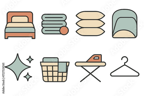 Bedding Icons. Clean bedding set of icons in abstract flat : bed with sheets, folded towels, pillow stack, duvet, sparkle icon, laundry basket,