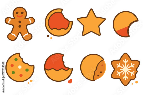 Festive Cookie Bites. Holiday bite in modern flat vector : gingerbread figure with bite, cookie with frosting cut, star with missing tip, half cookie
