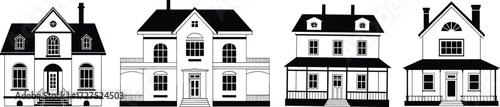 House illustrations, architectural styles, black and white, residential design, pitched roof, porch details, chimney feature, colonial home, modern facade, graphic icon