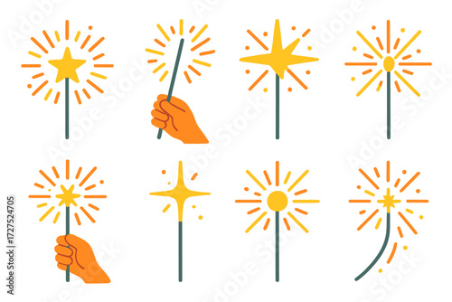 Colorful Sparkler Icons. Holiday sparkler in modern flat vector : sparkling star, hand holding glow, radiant sparks, twinkling wand, bright burst,