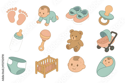 Isometric Baby Icons. Basic baby steps set icons in modern isometric flat : baby footprints, crawling baby, baby shoes, pacifier, baby bottle, rattle,