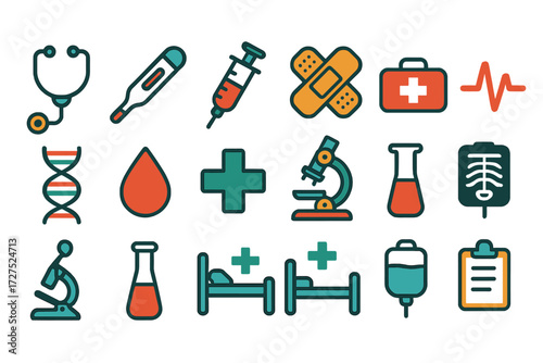 Colorful Medical Icons. Medical icons in modern flat vector : stethoscope, thermometer, syringe, pill capsule, bandage, first aid kit, heartbeat line,