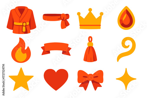 Vibrant Robe Icons. Red robe in modern flat vector : folded robe, sash, knot, crown, jewel, flame, ribbon, tassel, swirl, star, heart, bow. 3 rows of