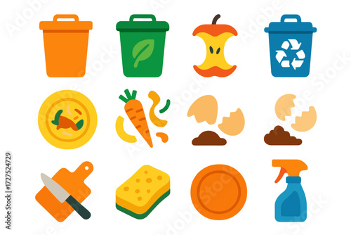 Eco-Friendly Kitchen Waste. Kitchen waste handling in modern flat vector : trash bin, compost bin, recycling bin, food leftovers, vegetable peel,