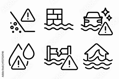 Flood Warning Symbols. Symbols icons in outline style: levee with exclamation mark, wall with water icon, flood symbol, droplet with warning triangle