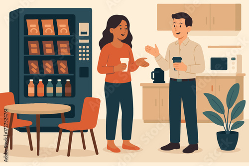 Coworkers chatting and enjoying snacks and drinks from a vending machine in a modern office break room
