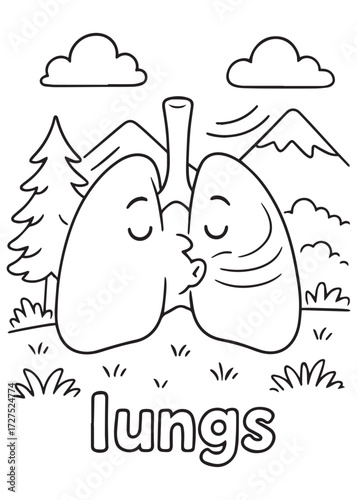 coloring book lungs hugging in mountains outdoor, cute anatomy for kids