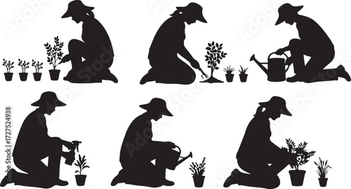 PrintGardening silhouette poses, planting activity, nature care, black outline, garden tools, nurturing plants, outdoor work, foliage tending, green lifestyle, growth