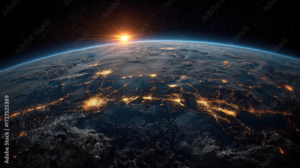 Fototapeta premium Sunrise over Earth shows glowing city lights and vast landscapes from space at dawn