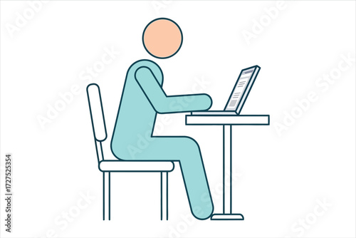 Vector art of a person is working on a laptop, sitting at a table, the image shows a simple, clean design of a person using technology for work or leisure