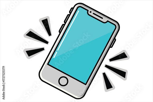 Vector art of smartphone ringing the smartphone has a blue screen and a silver frame there are black sound waves emanating from the phone