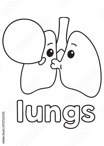 coloring book lungs blowing balloon, fun anatomy cartoon for kids