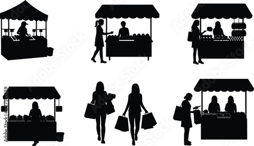 People shopping at market stall silhouette, buying groceries, outdoor marketplace, local vendor, fresh produce, food shopping, consumer lifestyle, commerce, trade
