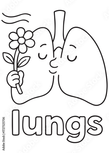 coloring book lungs holding flower smiling, cute anatomy cartoon for kids