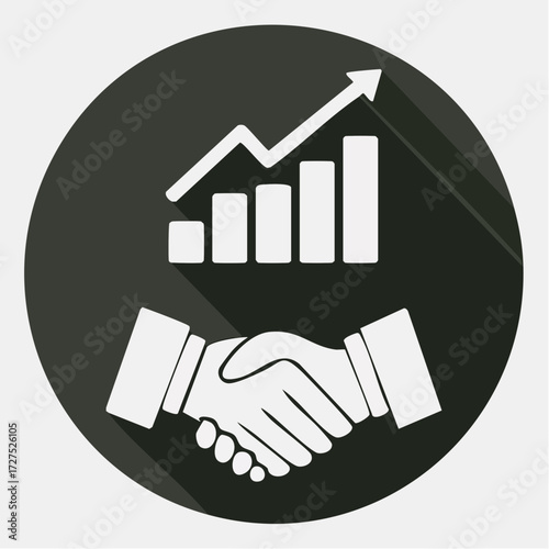 Business success and partnership icon with a handshake and an upward growth chart in a flat design style.
