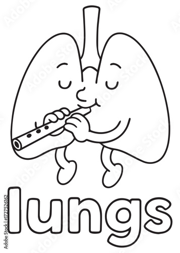 coloring book lungs playing flute, anatomy cartoon for kids