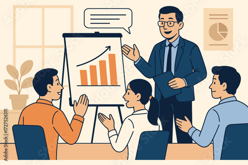 Business meeting with a presenter showing growth chart on flip chart to colleagues