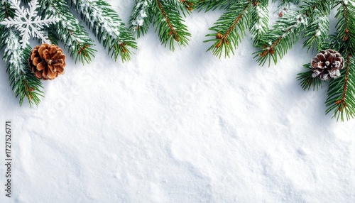 Christmas white background with snow and christmas tree branch, flat lay, top view	