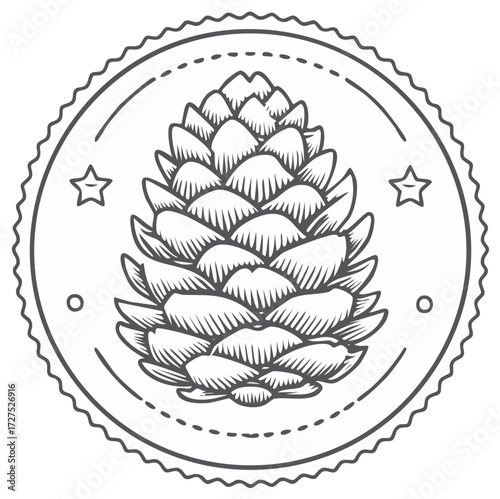Engraved style pine cone illustration inside a vintage circular stamp or badge with stars