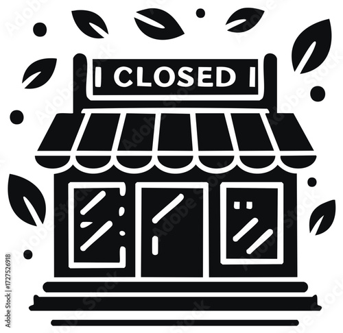 Stylized Closed Storefront Building Icon with Awning Sign and Decorative Foliage Elements