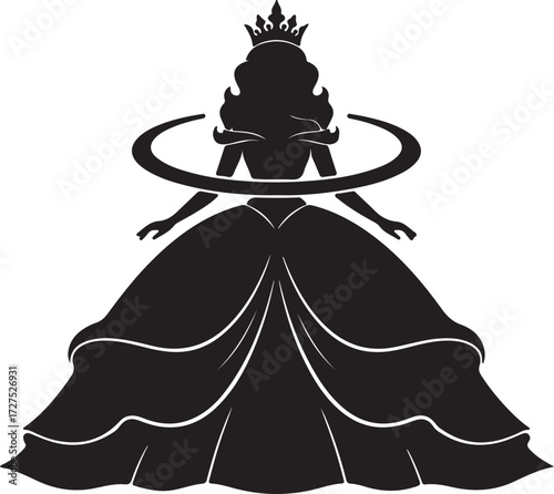 Black silhouette of a princess wearing a crown and a voluminous gown with a halo queen