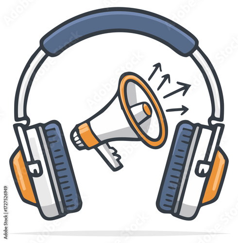 Cartoon headphones with megaphone broadcasting sound waves for audio promotion or communication