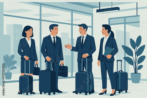 Diverse group of business professionals in suits with luggage at an airport or hotel lobby
