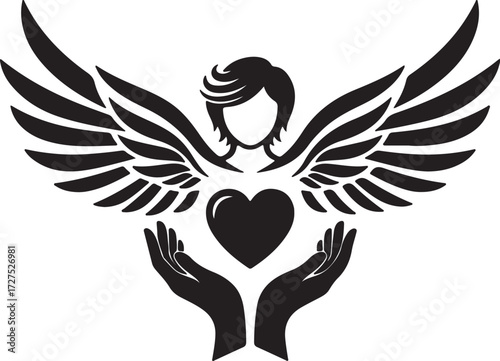 Black silhouette of angel wings heart and hands on white background abstract belief