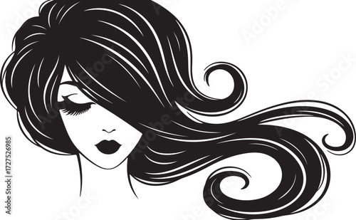 Black silhouette of a woman's face with long flowing wavy hair long hair