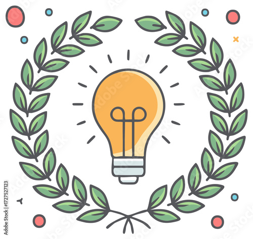 Glow Lamp Symbol Surrounded by Wreath, Creative Idea Concept, Lightbulb Innovation, Vector Design