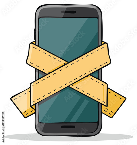 Mobile phone wrapped in yellow straps symbolizing online restriction and technology break