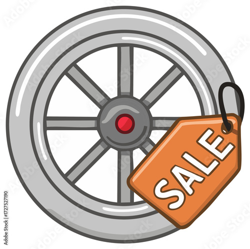 Cartoon Grey Wheel and Orange Sale Tag Symbolizing Discounts and Promotions for Automobile or Transport Related Business
