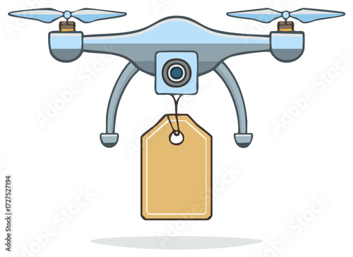 Cartoon drone with blank label for message or promotion concept