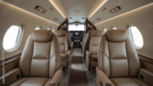 The luxurious interior of a private jet with spacious leather seats and elegant design emphasizes comfort and exclusivity. 4k video