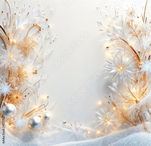Luxurious winter background with golden snowflakes, silver ornaments, frosty flowers, and glowing lights. Perfect for Christmas and New Year greeting cards, holiday invitations, banners