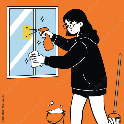 Woman cleaning a window with spray cloth bucket and broom in orange room
